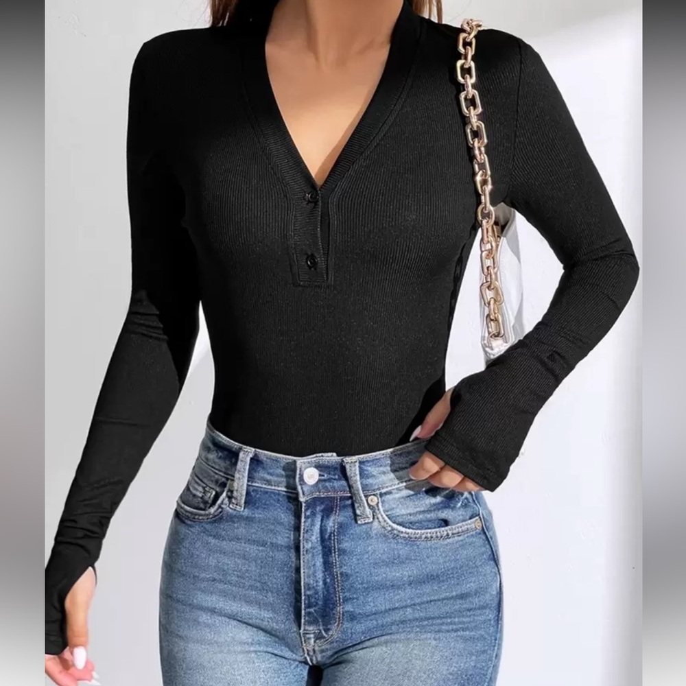 Rib-knit Thumb Holes Tee Bodysuit